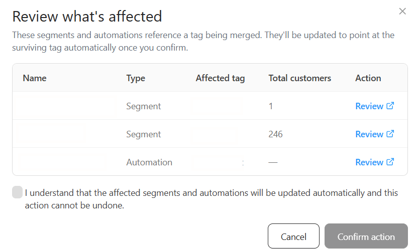 Review what's affected dialog listing the segments and automations that reference a tag being merged