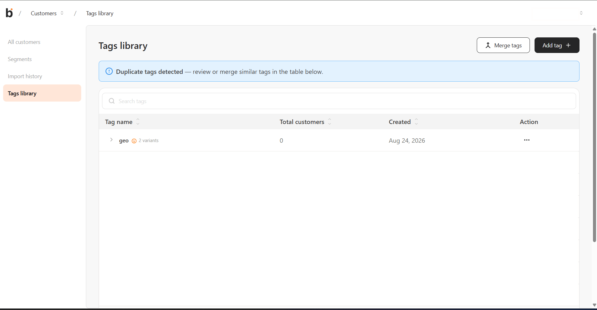 Tags library table with a search field and columns for tag name, total customers, created date, and actions