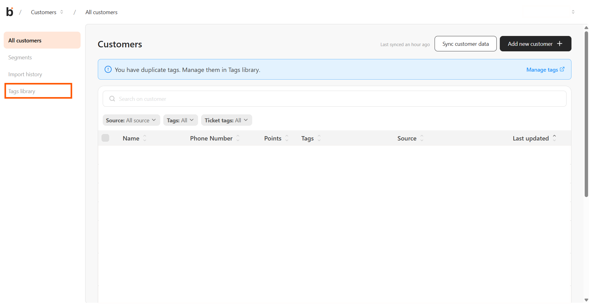 Tags library tab in the left sidebar of the Customers page, below Import history