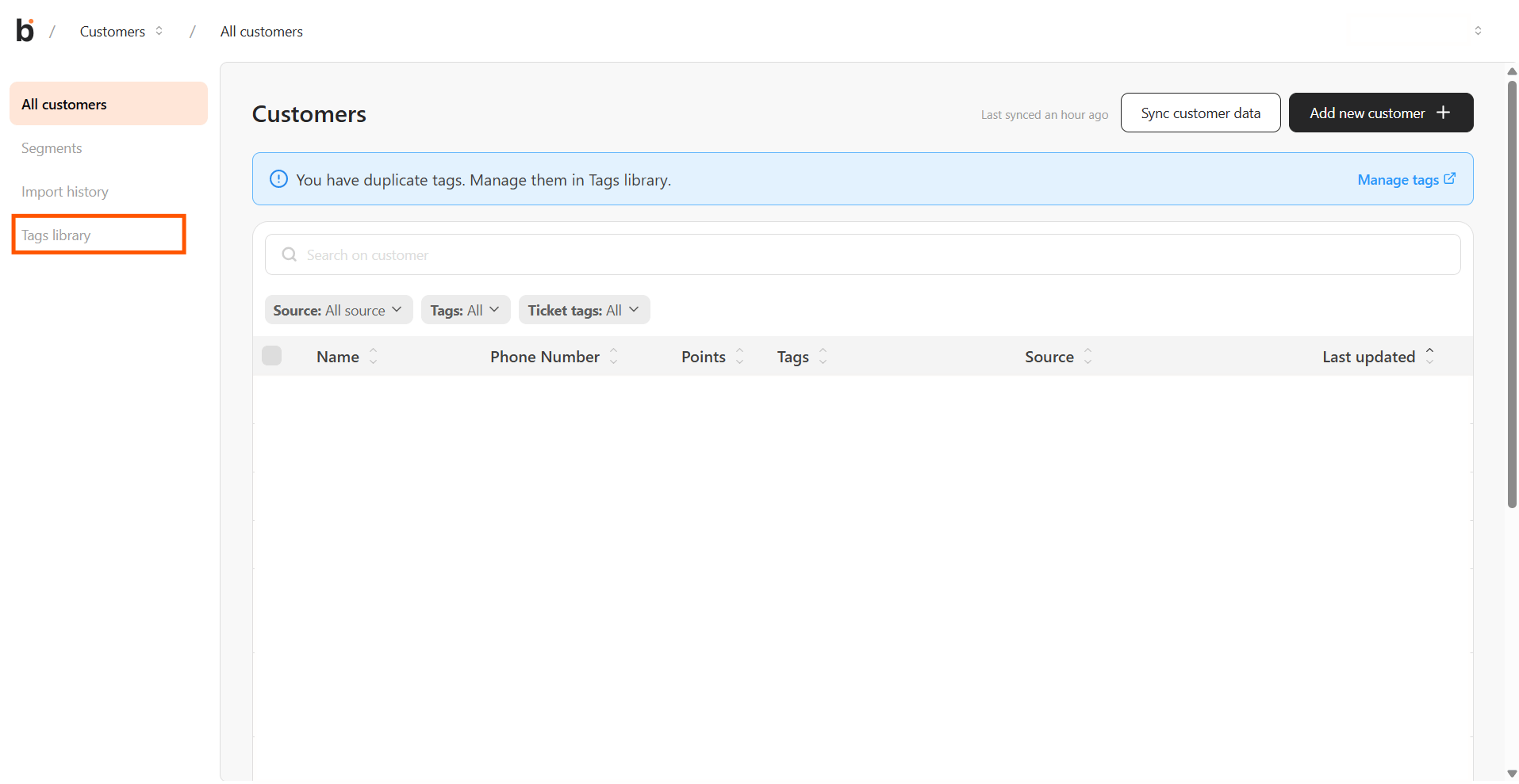 Tags library tab in the left sidebar of the Customers page, below Import history