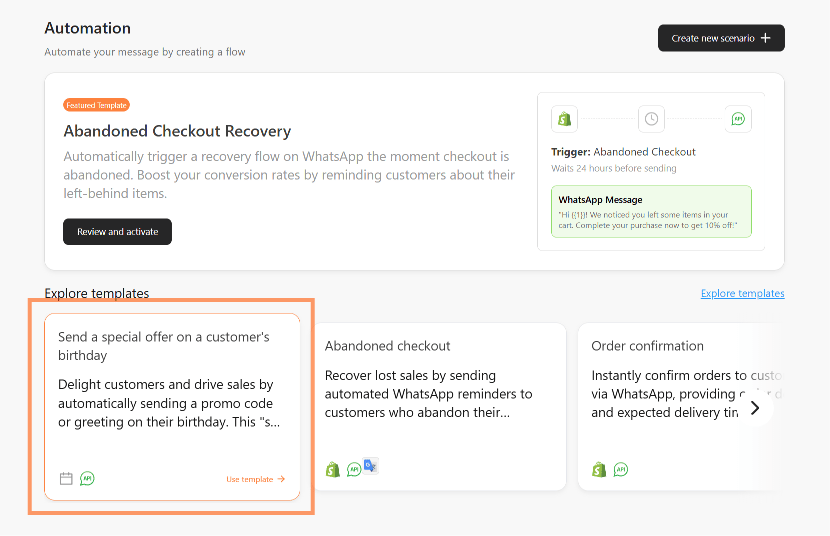 Automation page, Explore templates section, with the "Send a special offer on a customer's birthday" template card highlighted.