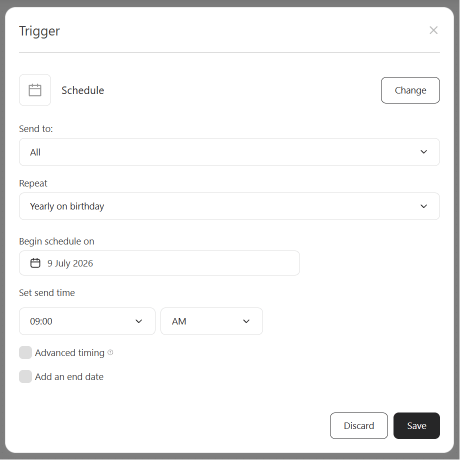 Trigger panel pre-filled from the birthday template, showing Send to: All, Repeat: Yearly on birthday, Begin schedule on, and Set send time.