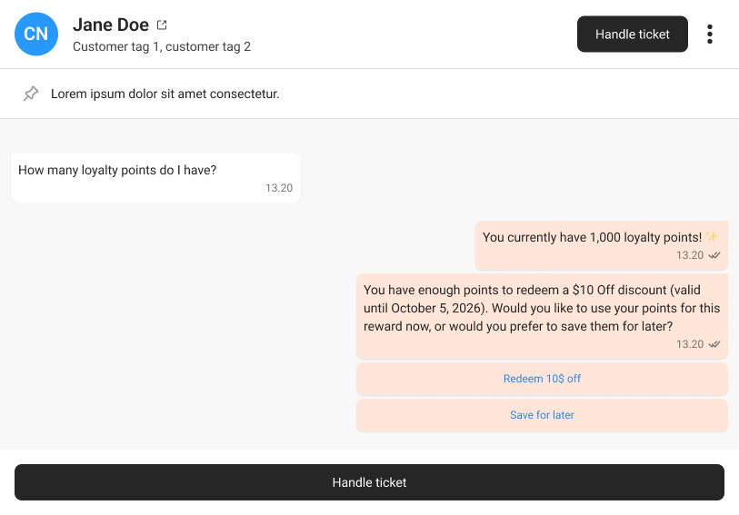 AI chat showing the customer's points balance and a redemption offer, with Redeem and Save for later quick replies.