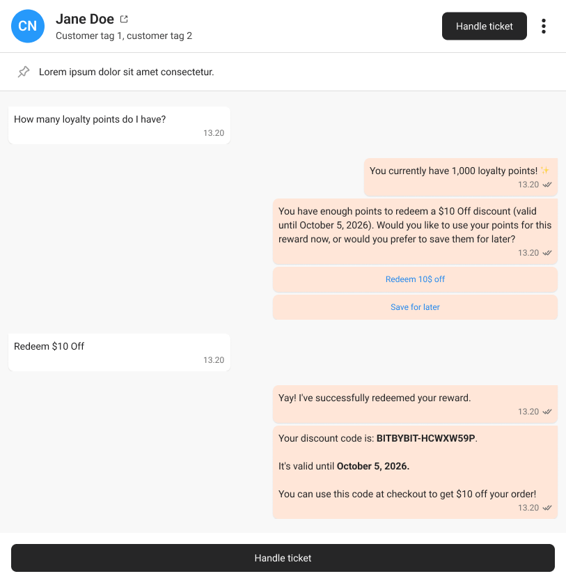 AI chat confirming the redemption and sending the discount code for the customer to use at checkout.