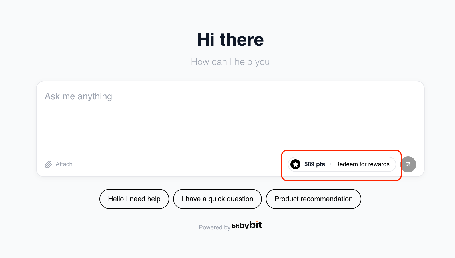 Full page chat widget composer with a points and Redeem for rewards pill next to the message input