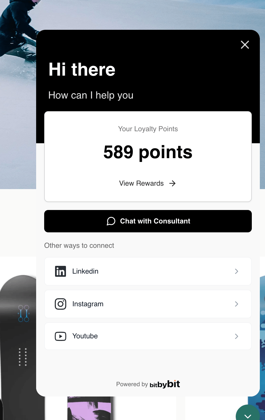 Live chat widget home screen with a Your Loyalty Points card showing the points balance and View Rewards link, and the Chat with agent button below