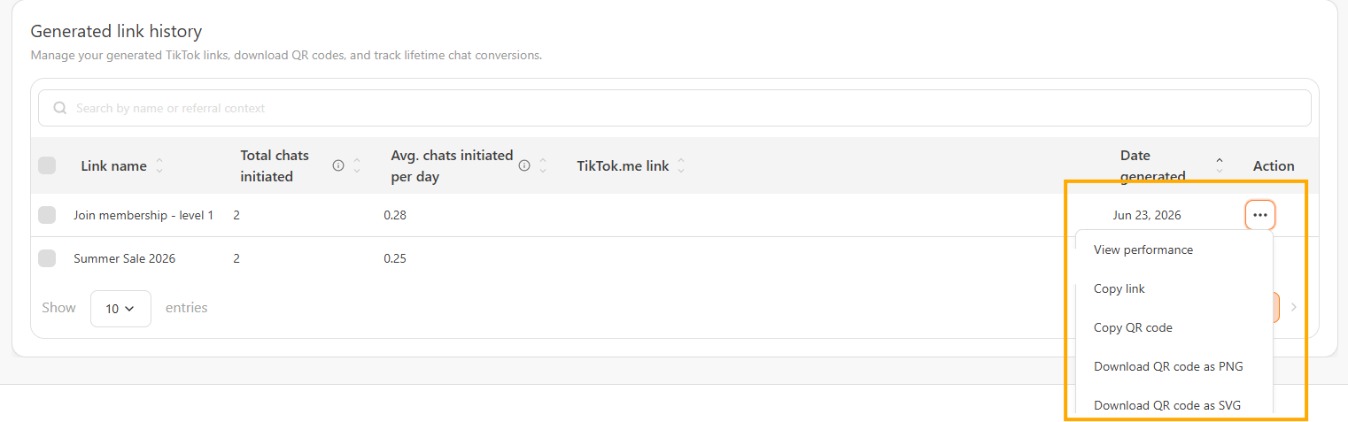 Action menu in the link history table Generated link history table with the Action menu open, showing View performance, Copy link, Copy QR code, and Download QR code as PNG or SVG