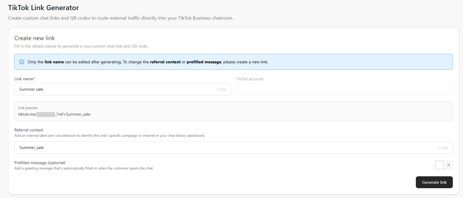 Create new link form Create new link form filled in with a link name, referral context, and the resulting link preview
