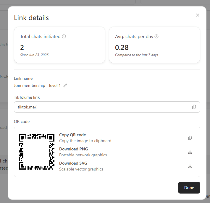 Link details modal Link details modal showing total chats initiated, average chats per day, the link name, the TikTok.me link, and the QR code with copy and download options