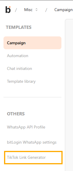 TikTok Link Generator in the Others menu Miscellaneous menu with TikTok Link Generator highlighted under the Others section