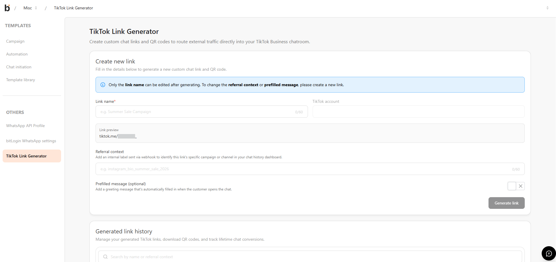 TikTok Link Generator TikTok Link Generator page with the Create new link form and Generated link history