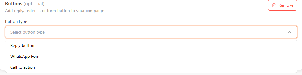 Buttons (optional) section with the Button type dropdown open, showing Reply button, WhatsApp Form, and Call to action options