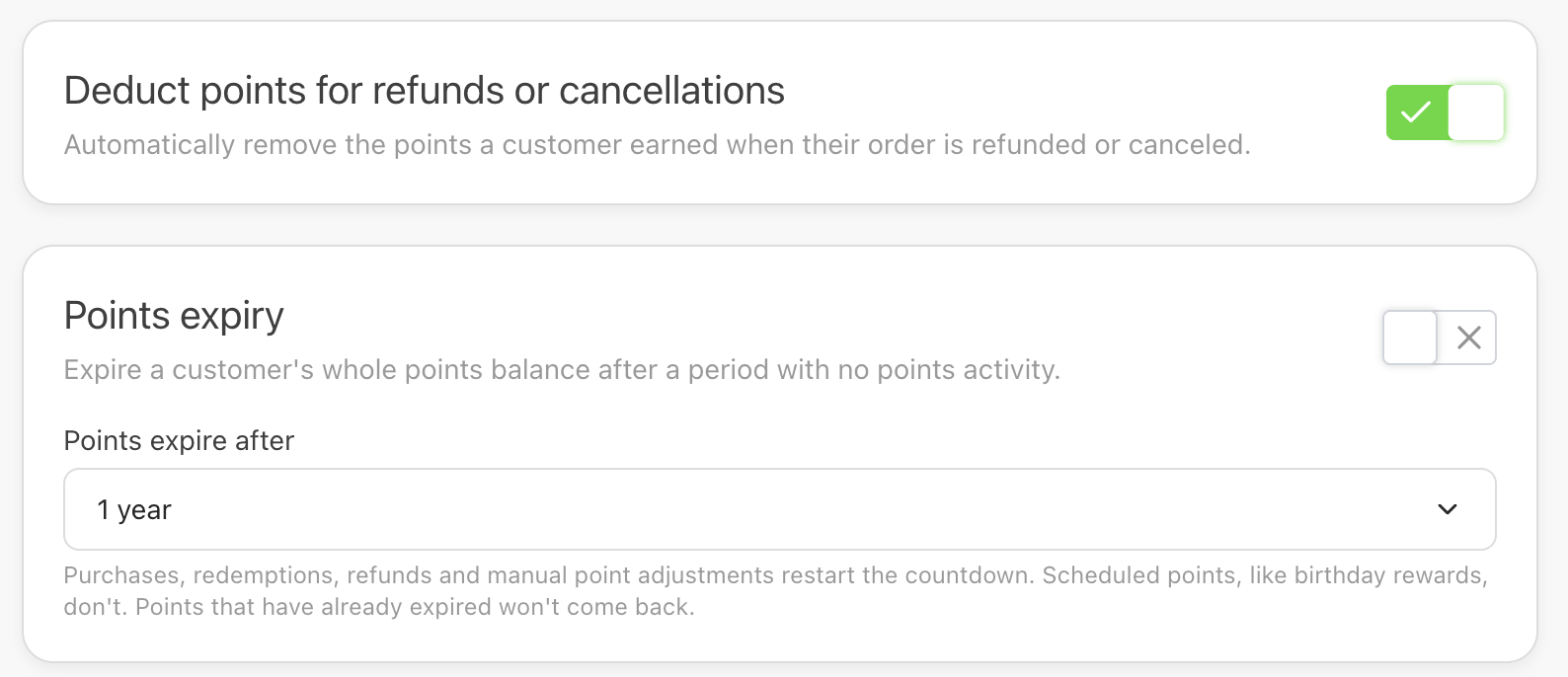 Earn points page with the Points expiry card below the Deduct points for refunds or cancellations card, its switch off and Points expire after set to 1 year.