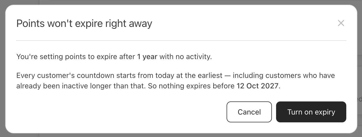 Points won't expire right away confirmation window, showing the chosen period and the earliest expiry date, with Cancel and Turn on expiry buttons.