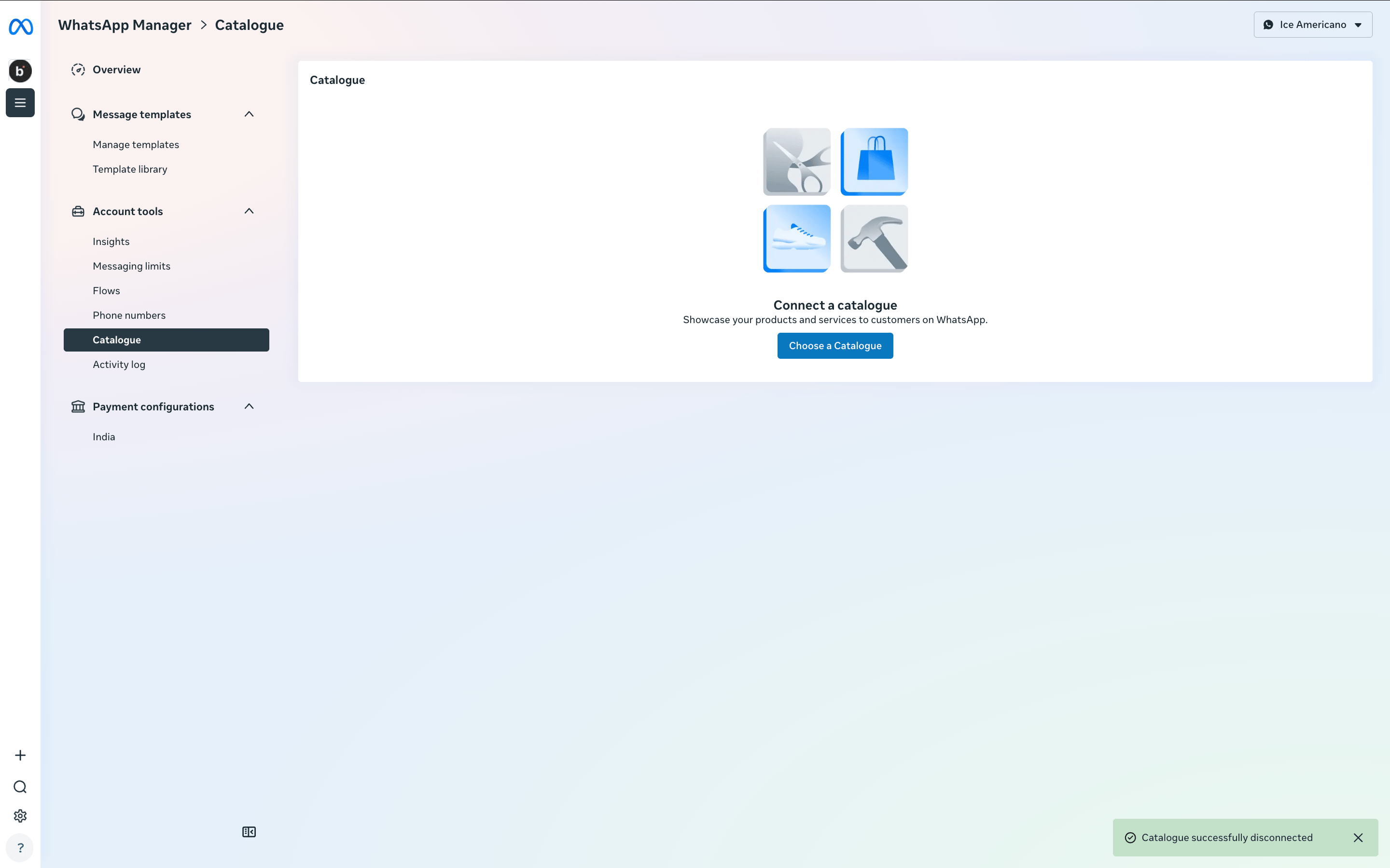 WhatsApp Manager Catalogue page in the empty Connect a catalogue state