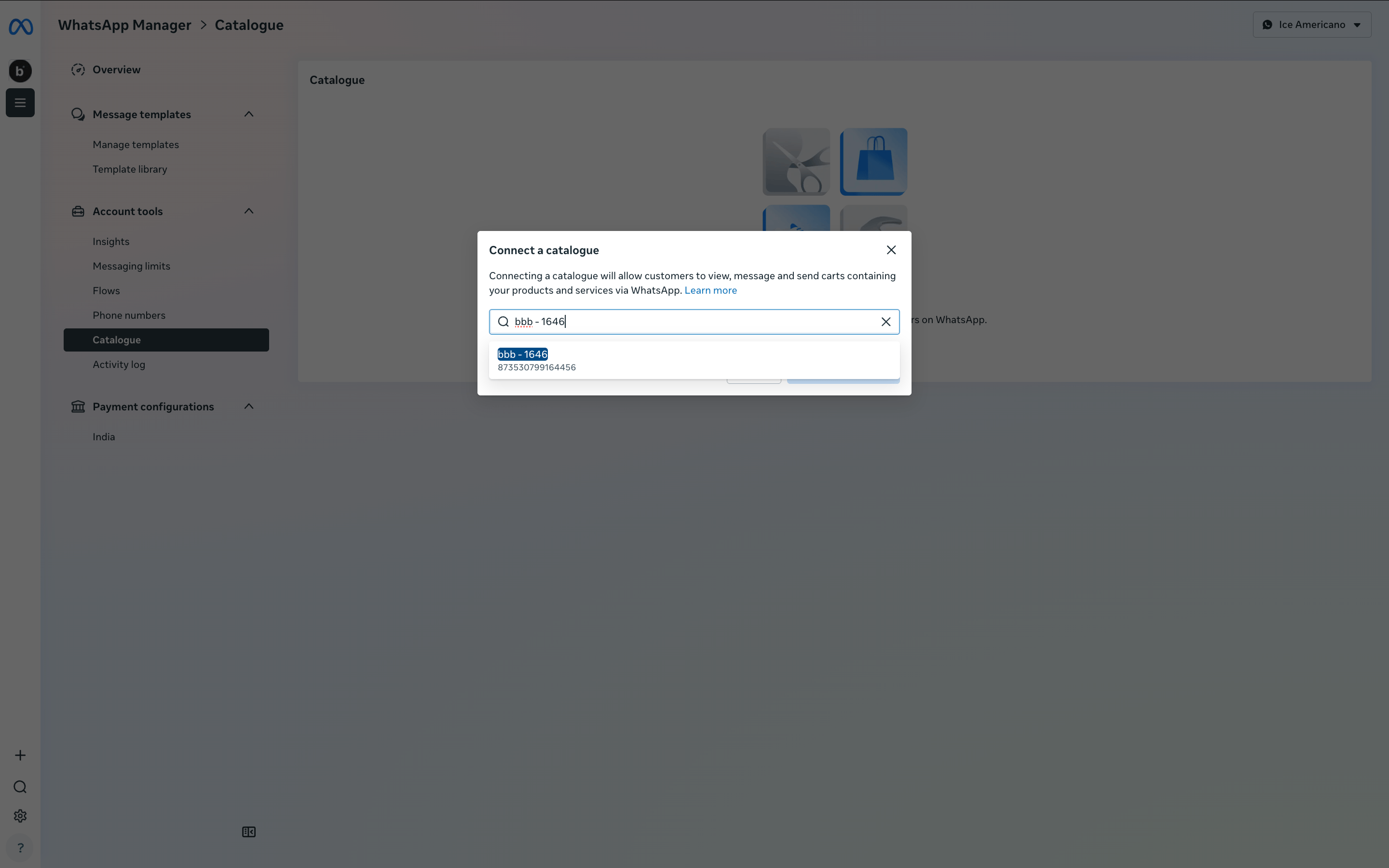 WhatsApp Manager Connect a catalogue modal showing a bbb - Company ID search match