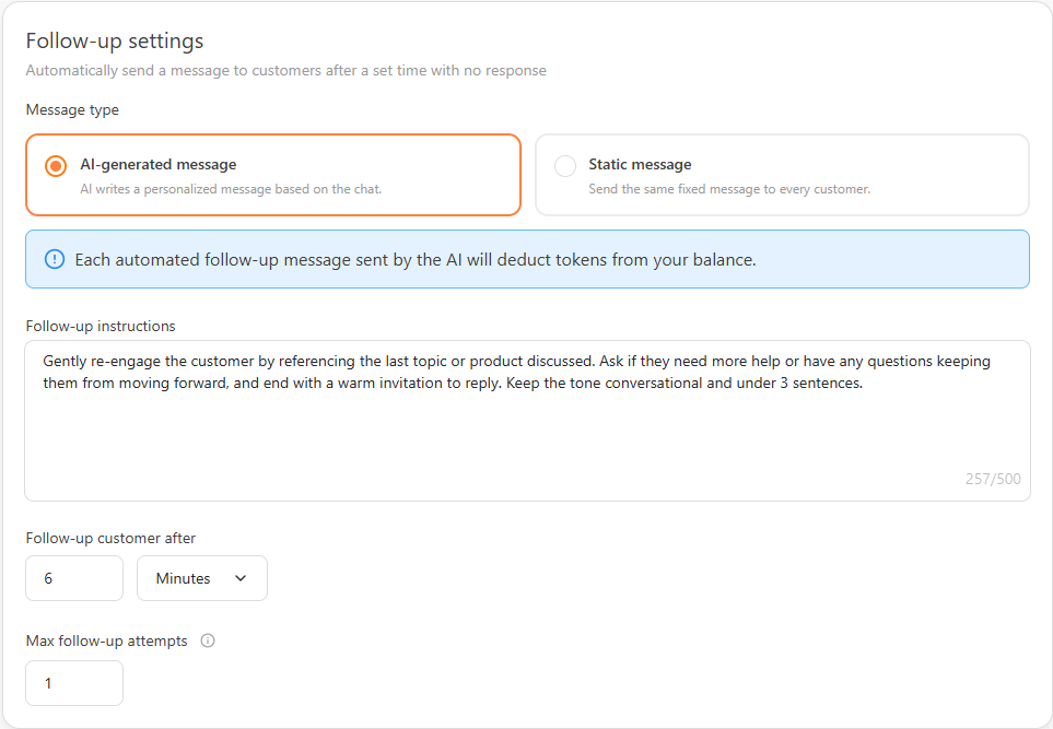Follow-up settings with AI-generated and static message options, the delay, and maximum attempts