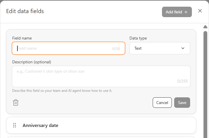 Customer data field editor with a field name, data type, and optional description