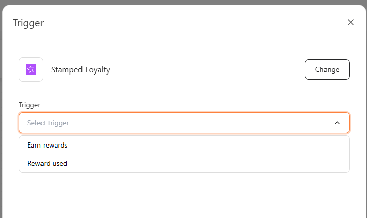 Stamped Loyalty trigger picker with Earn rewards and Reward used events