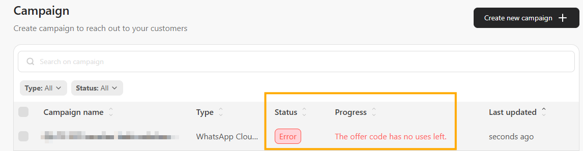Campaign list showing a held campaign with a red Error badge in the Status column and The offer code has no uses left in the Progress column