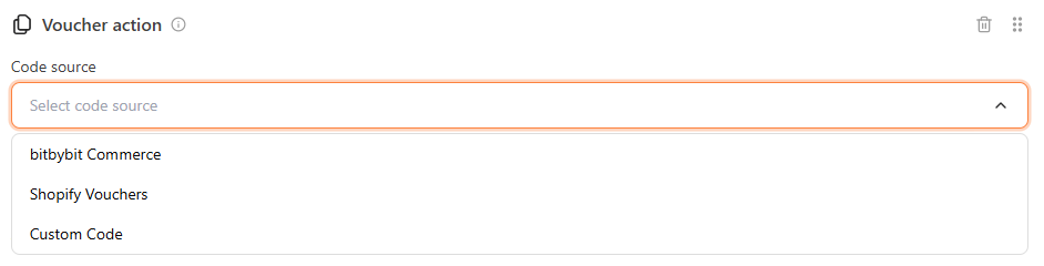 Code source dropdown in the Voucher action container, showing bitbybit Commerce, Shopify Vouchers, and Custom Code