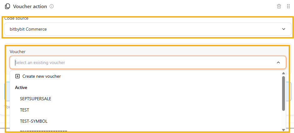 Voucher action container with bitbybit Commerce selected and the voucher menu open, with Create new voucher and the Active group