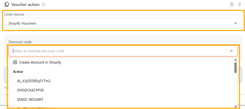 Voucher action container with Shopify Vouchers selected and the discount code menu open, with Create discount in Shopify and the Active group