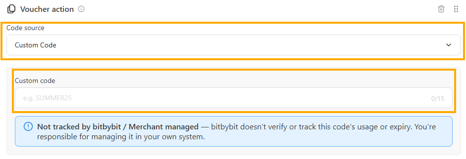 Voucher action container with Custom Code selected, the Custom code field with a 0/15 counter, and the Not tracked by bitbybit / Merchant managed banner
