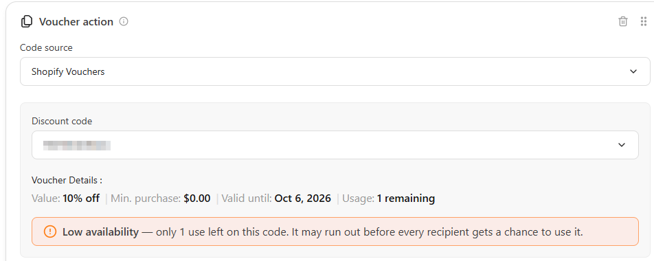 Voucher action container showing a Shopify discount code with its value, minimum purchase, valid-until date, usage remaining, and a Low availability card