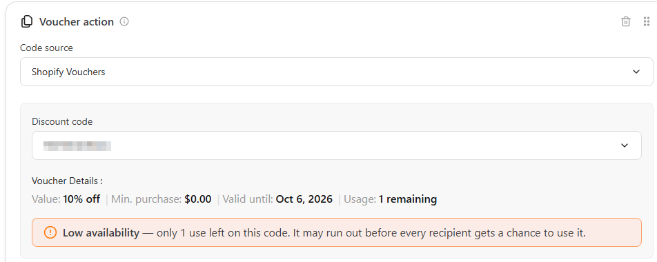 Voucher action container showing a Shopify discount code with its value, minimum purchase, valid-until date, usage remaining, and a Low availability card
