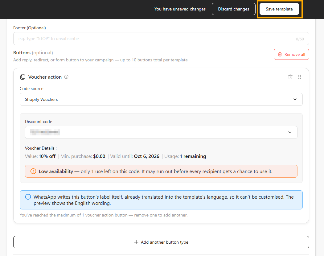 Template builder with the Voucher action container filled in and the Save template button highlighted in the top bar