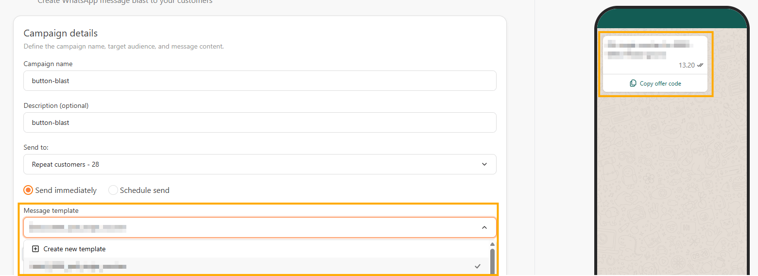 Campaign details with the Message template dropdown open and the message preview showing the Copy offer code button