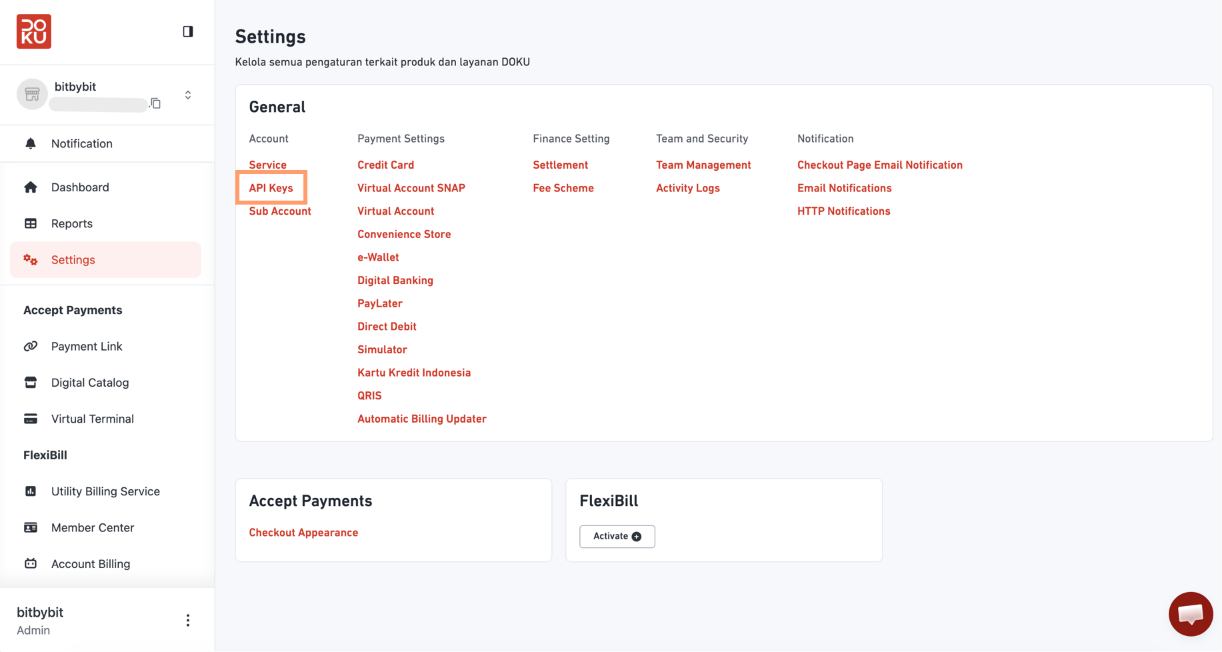 Doku Dashboard Settings page with the API Keys link highlighted in the Account column