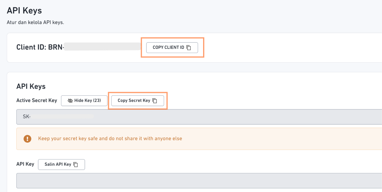 Doku API Keys page with the Copy Client ID and Copy Secret Key buttons highlighted