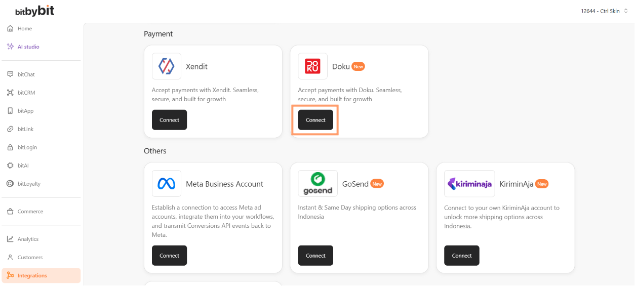bitbybit Integrations page with the Connect button on the Doku card highlighted