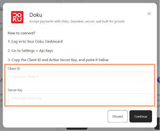 bitbybit Doku connect modal with the Client ID and Secret Key fields highlighted