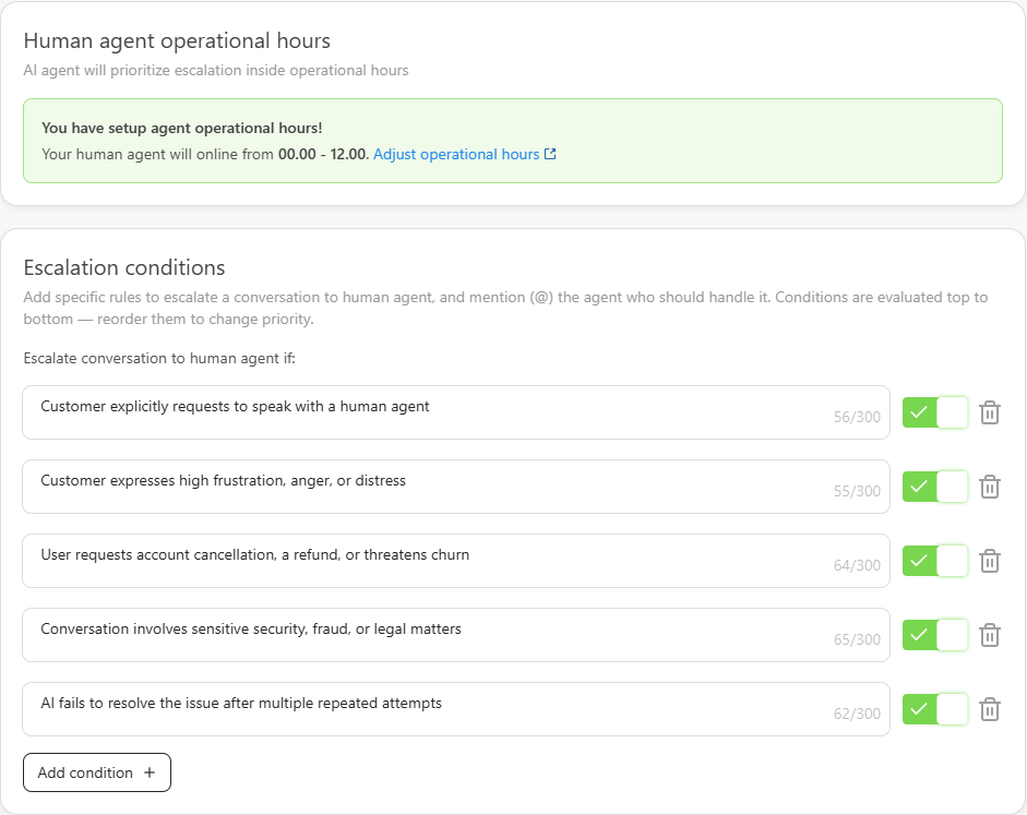 Escalation settings with human agent operational hours and enabled escalation conditions