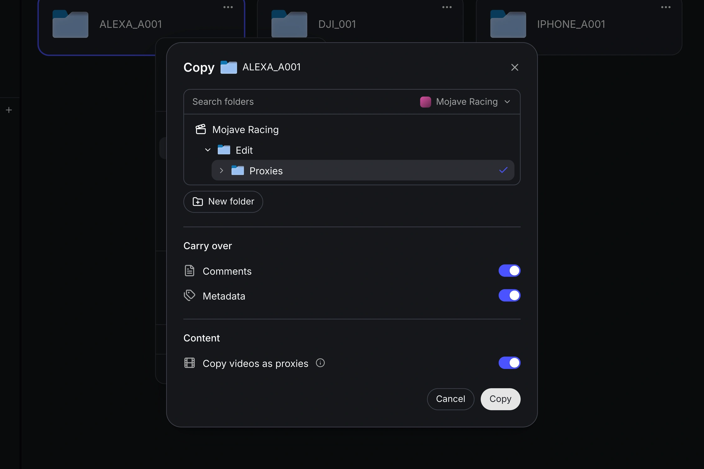 Copy footage as proxies using Aspect's Copy to dialog.