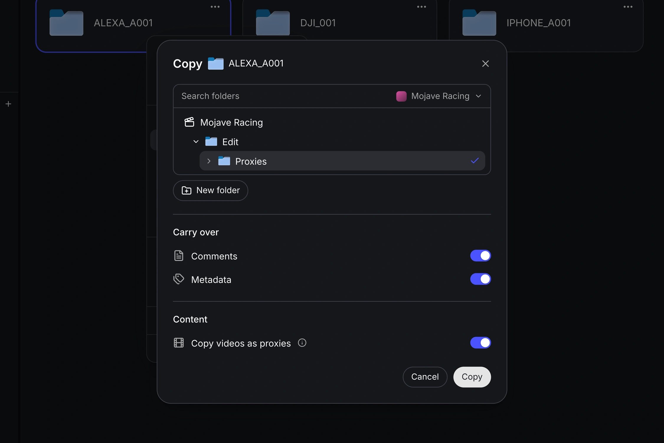 Copy footage as proxies using Aspect's Copy to dialog.