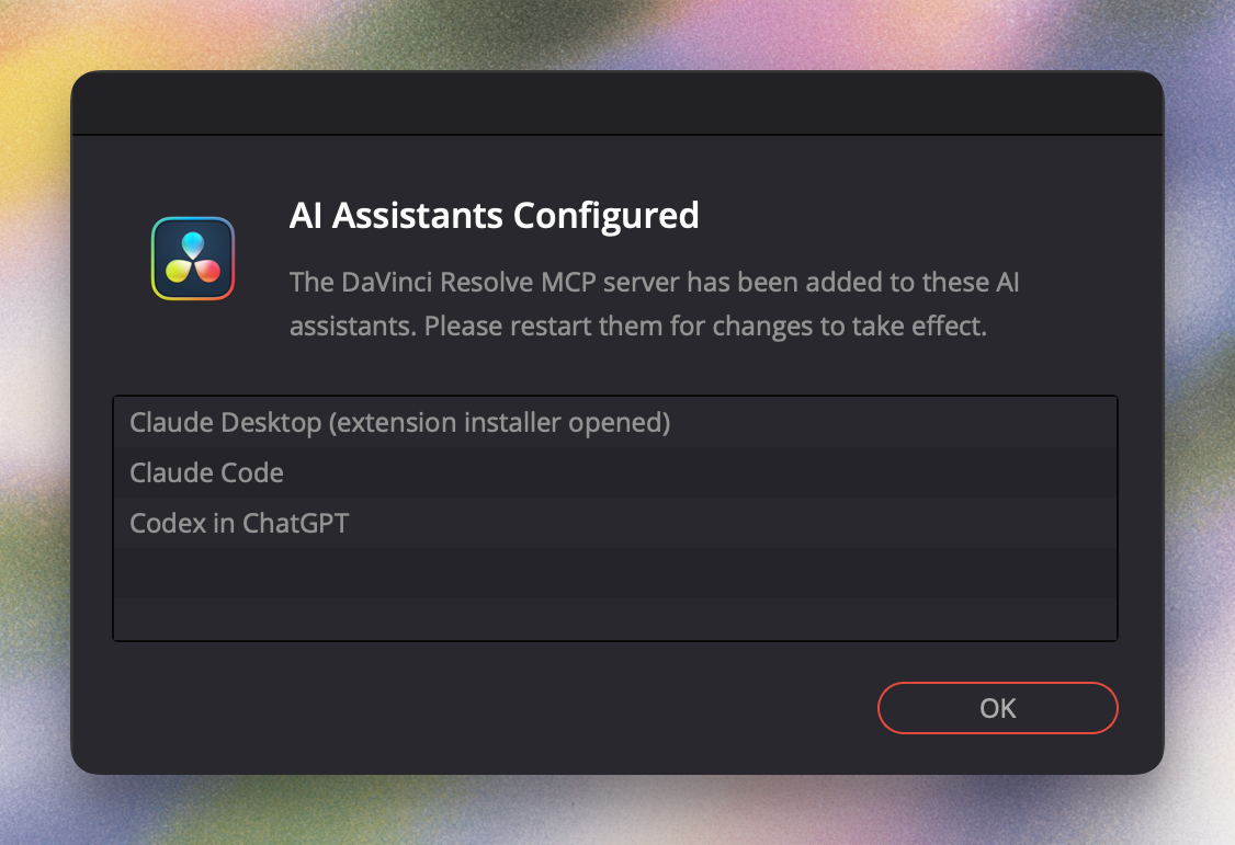 The AI Assistants Configured dialog showing configured assistants and the instruction to restart them.