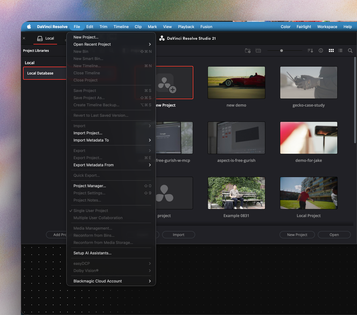 DaVinci Resolve's File menu with Setup AI Assistants near the bottom of the dropdown.