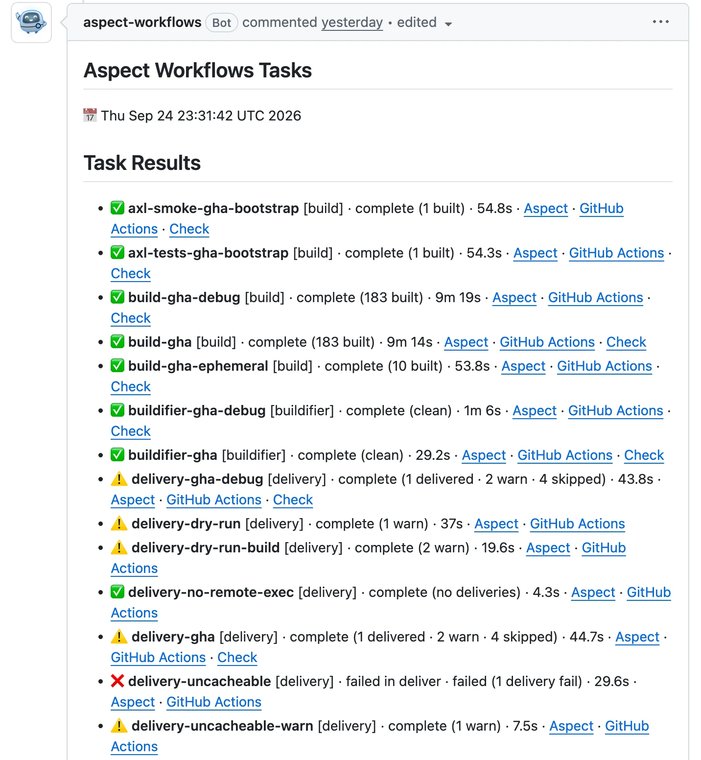 Workflows bot comment on a GitHub pull request listing each Aspect Workflows task with its status, duration, and links to the build results