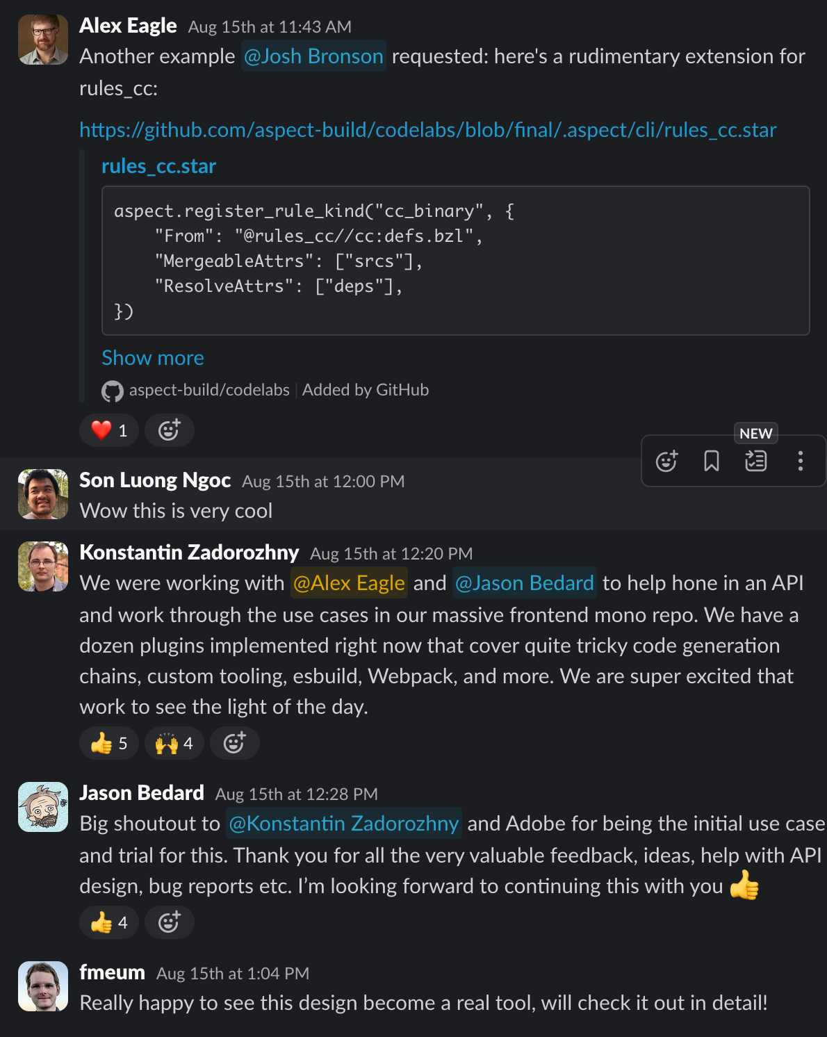 Slack thread announcing the Starlark Gazelle extension feature, with enthusiastic replies from early users