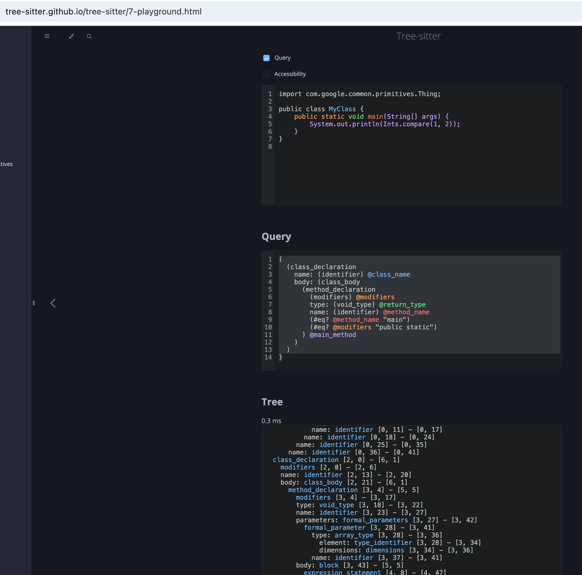 Tree-sitter playground showing a query that matches Java main classes, with the AST displayed alongside