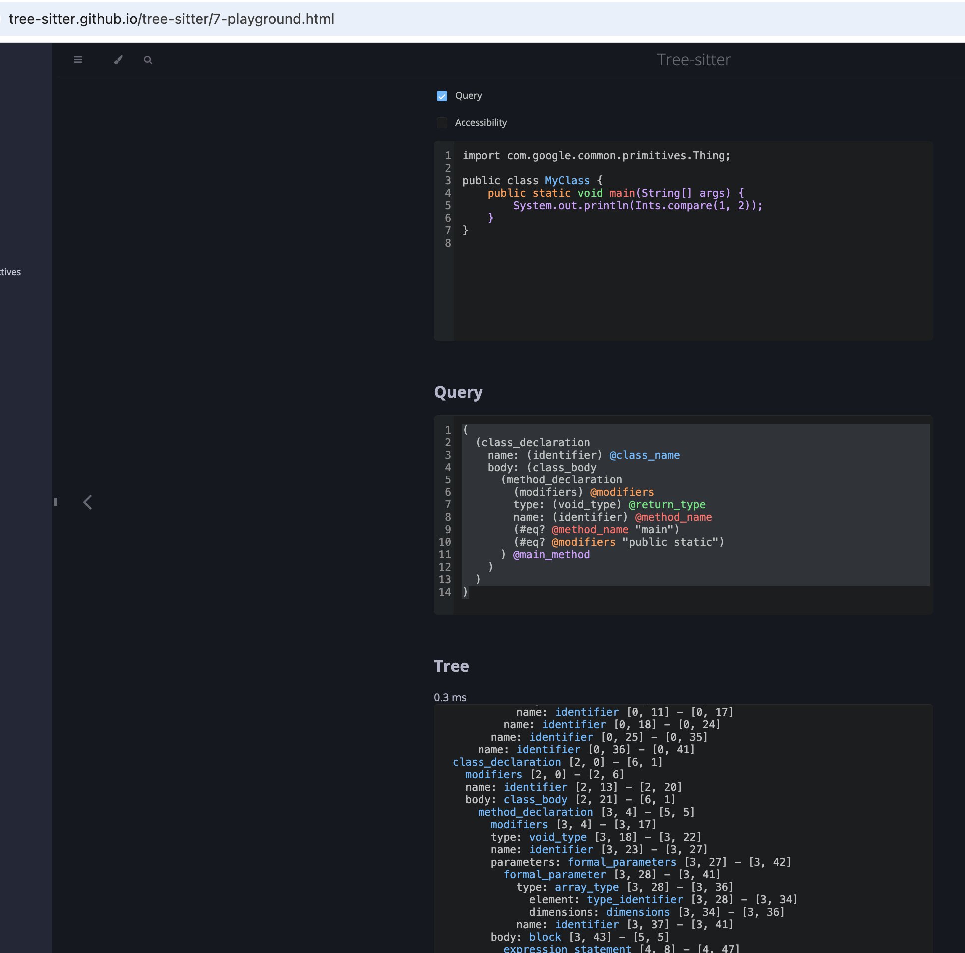 Tree-sitter playground showing a query that matches Java main classes, with the AST displayed alongside