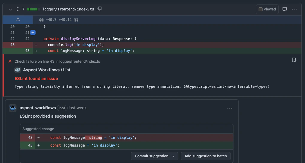 Example of Marvin bot suggesting a linter fix directly on a GitHub Pull Request, helping developers quickly apply recommended code changes for improved code quality and workflow efficiency