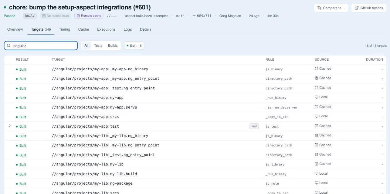 Targets tab listing each target with its result, rule, and whether it was cached or built locally