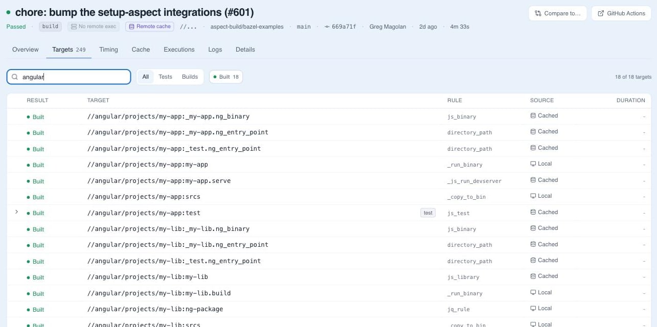 Targets tab listing each target with its result, rule, and whether it was cached or built locally