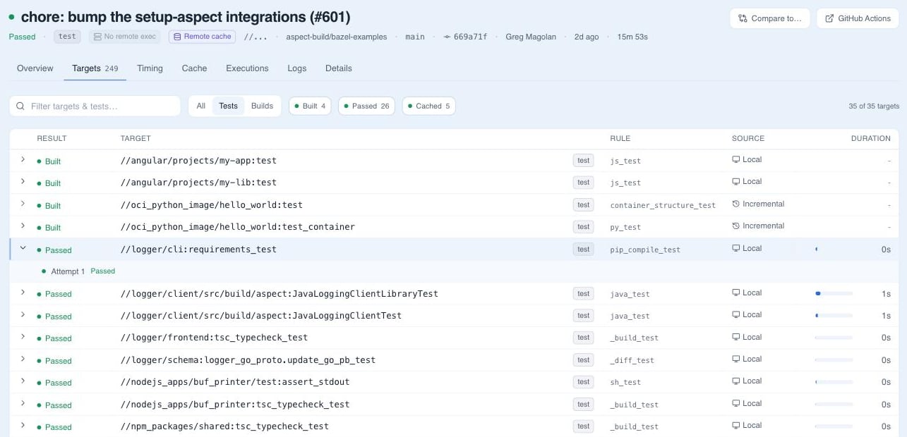 Tests view showing each test target's result, rule, and duration, with one expanded to its attempts