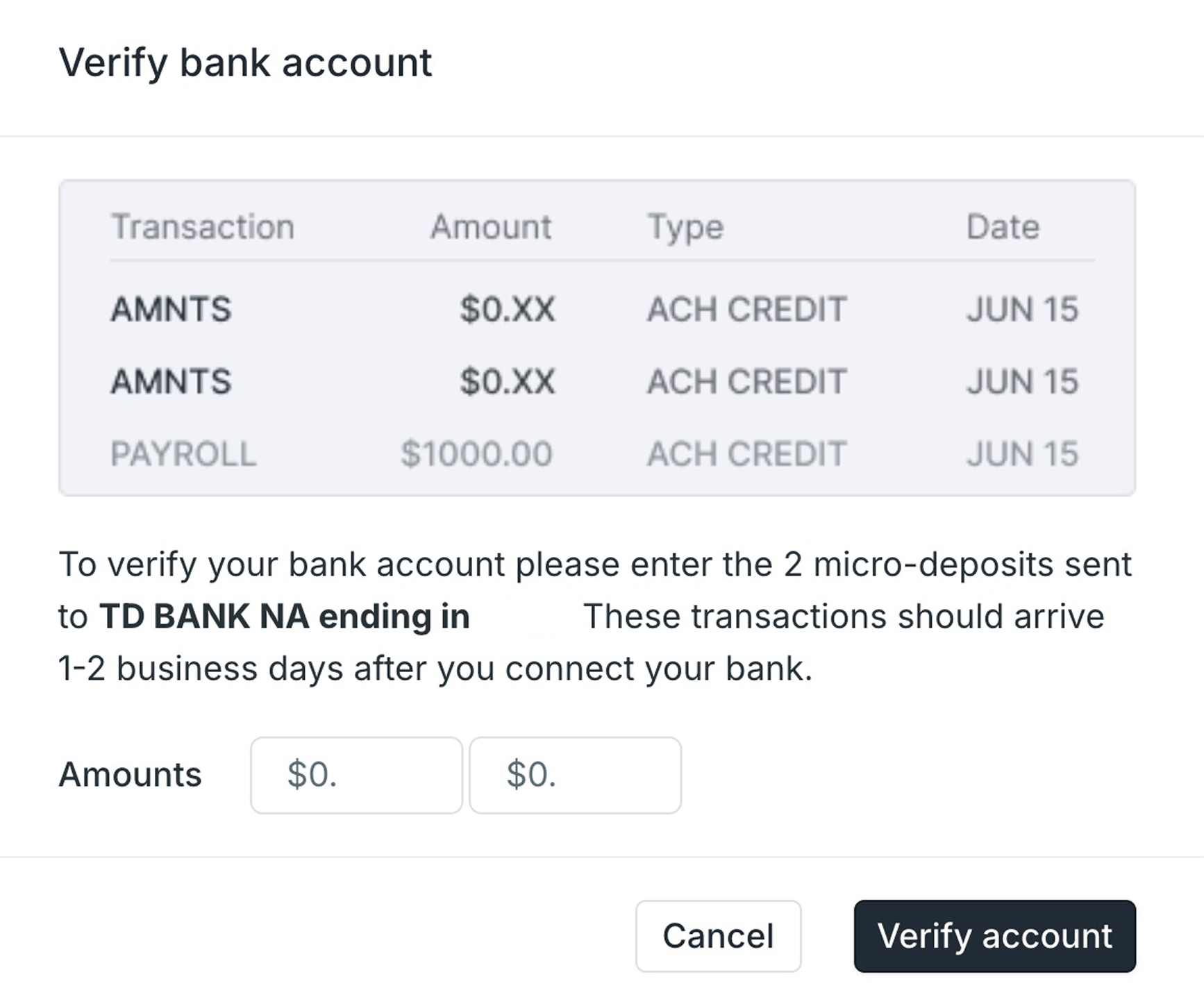 Verify account pop-up for entering microdeposit amounts